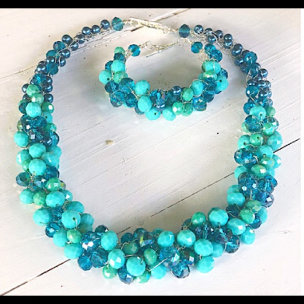 Handmade Crochet Crystal Necklace & Bracelet Set